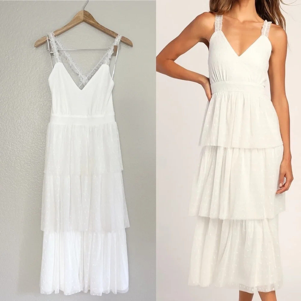 Tier Perfection White Swiss Dot Ruffled Midi Dress